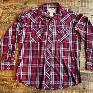 Vintage Wrangler Pearl Snap Shirt Men's Size L Red White Plaid Western
